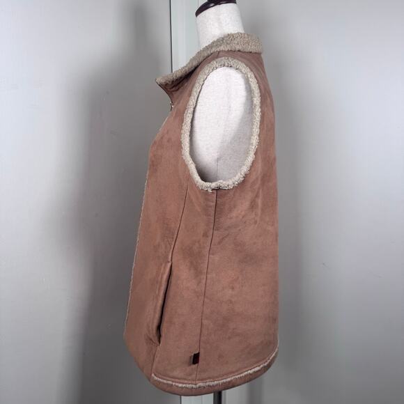 WOOLRICH Women Large Full Zip Sherpa Lined Suede Vest Deep Biscuit Western Y2K - Picture 2 of 9